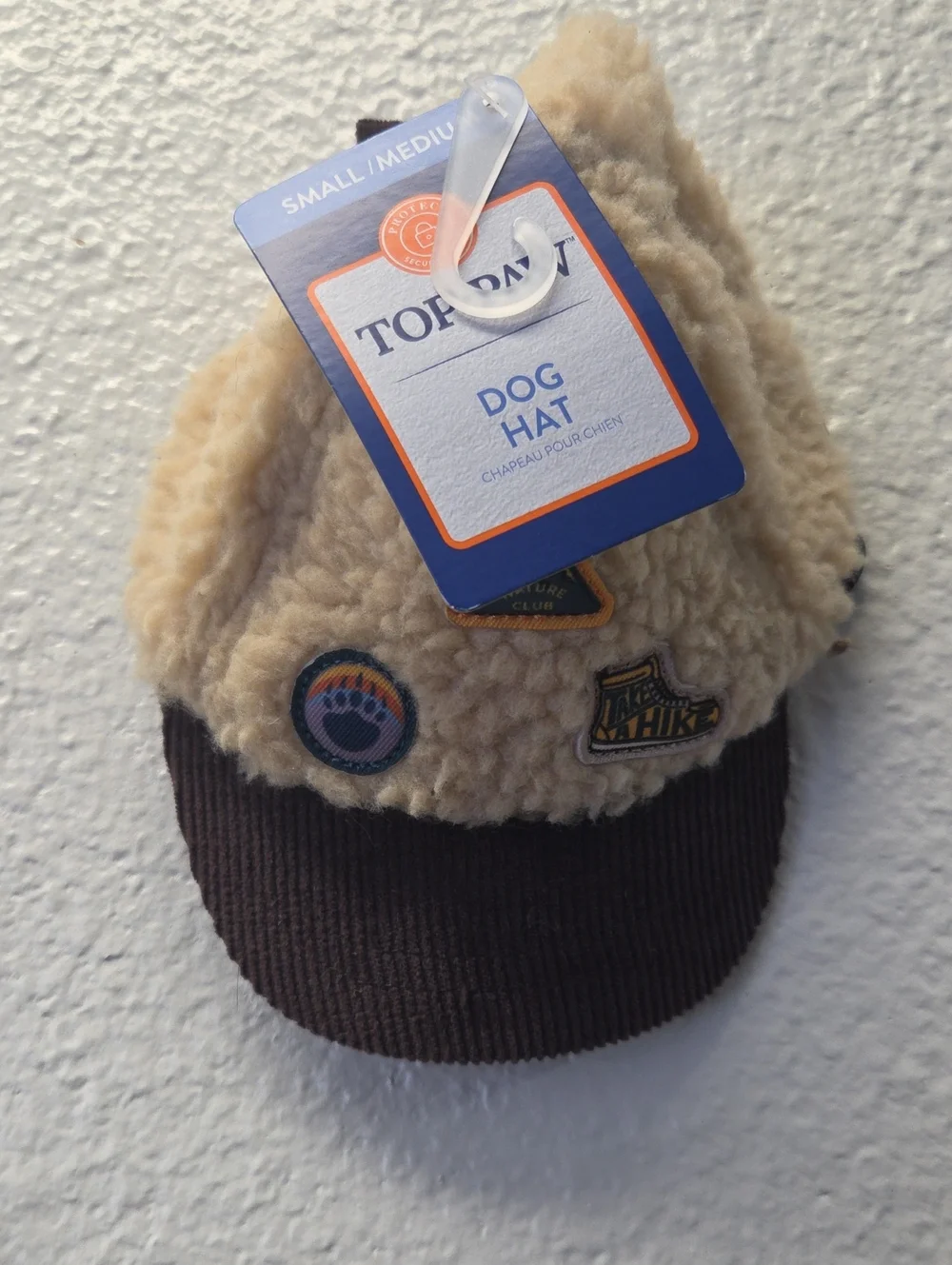 Top Paw Beige Sherpa Dog Cap with Brown Brim and Patch Accents S/M